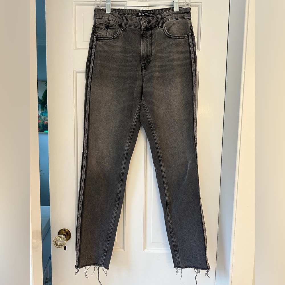 ZARA Distressed Black Mom Jeans with Sparkly Studded Sides Size 4
